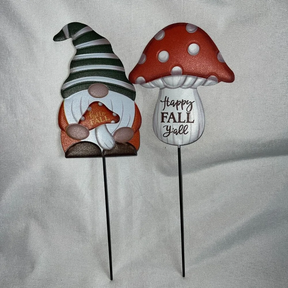 Set Of Fall Gnome & Mushroom Decorations - Plush & Metal Yard Picks - Autumn Dec - Picture 2 of 5